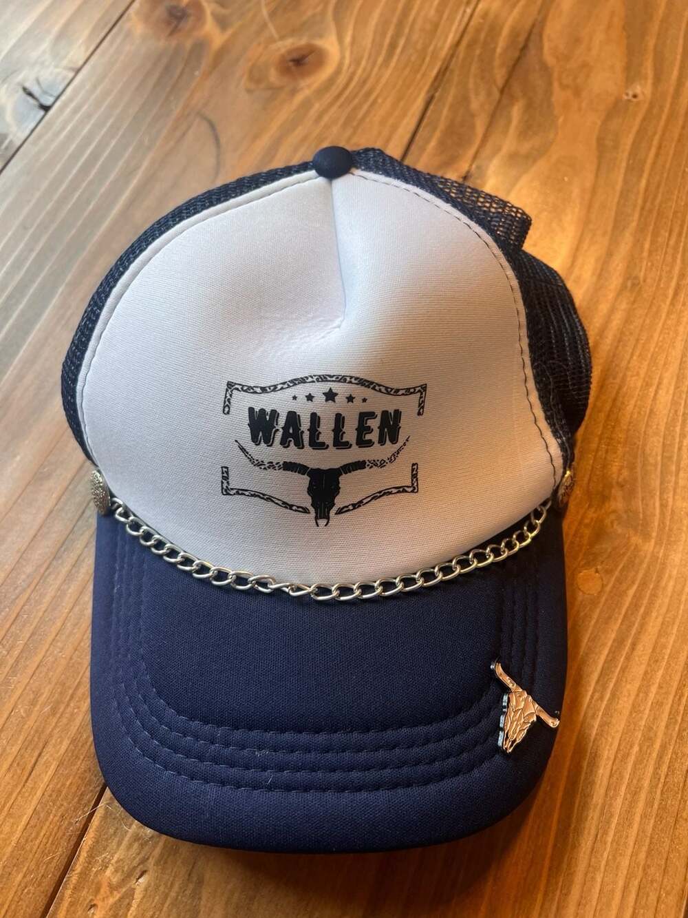 Wallen Navy and White Trucker Cap with Chain Accent